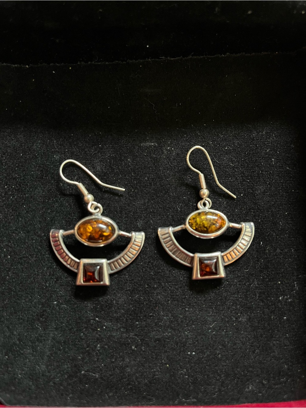 Sterling Silver Amber Drop Earrings - Golden Brown Gemstone